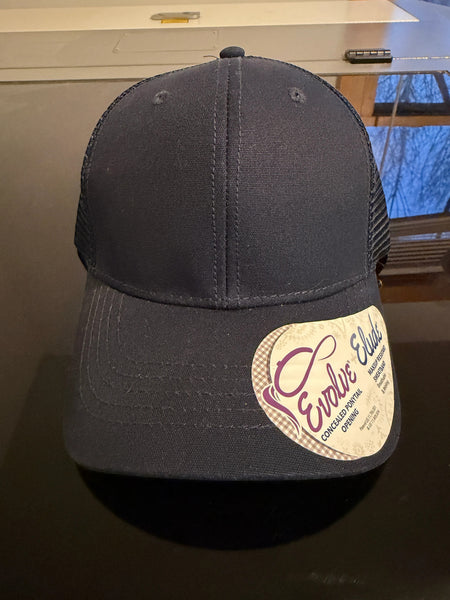 Dailey Woodworking navy blue trucker hat with "Wife Mom Boss" embroidery and concealed ponytail opening.