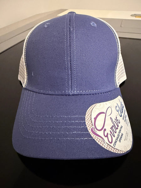 Dailey Woodworking navy blue trucker hat with white mesh back and "Wife Mom Boss" embroidery.