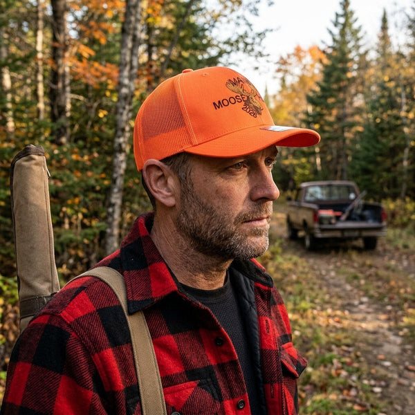 Dailey Woodworking orange Richardson 112 trucker hat with Maine Moose Hunt 2026 embroidery worn by a man in the woods