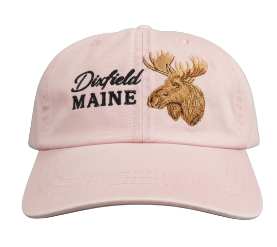 Dailey Woodworking light pink cotton dad hat featuring a brown embroidered moose and Dixfield, Maine text.
