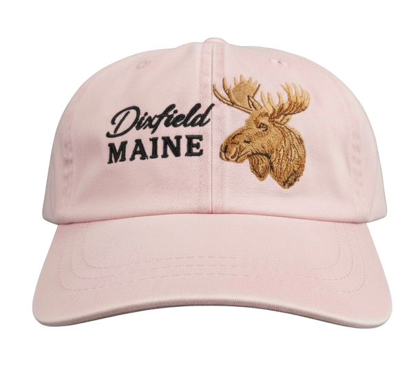 Dailey Woodworking light pink cotton dad hat featuring a brown embroidered moose and Dixfield, Maine text.