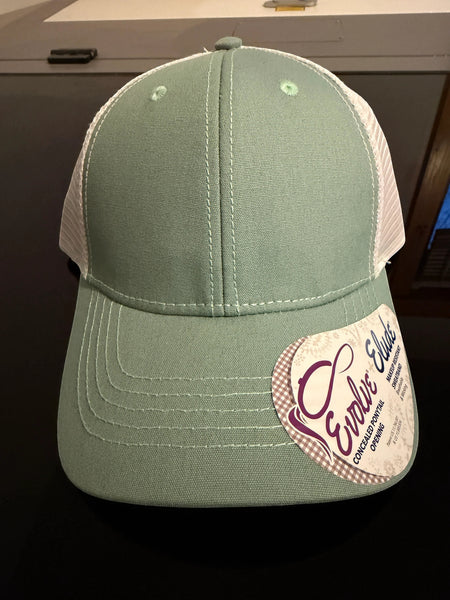 Dailey Woodworking seafoam green trucker hat with white mesh back and "Wife Mom Boss" embroidery.