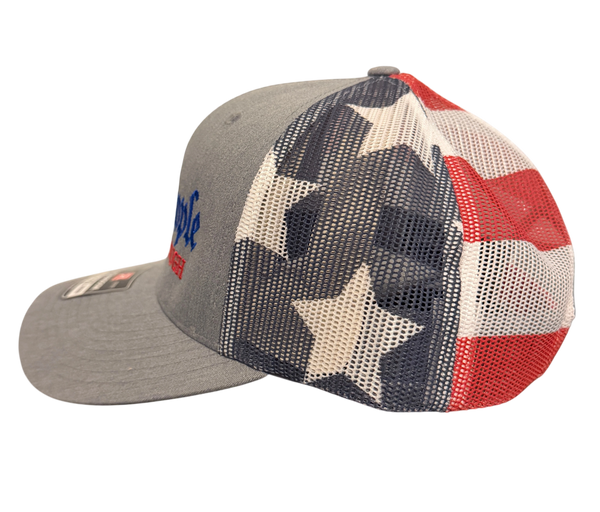 Dailey Woodworking Richardson 112 trucker hat with heather grey front and American flag stars and stripes mesh back