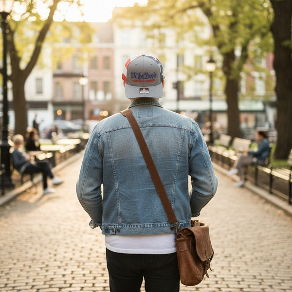 Dailey Woodworking trucker hat with We The People embroidery worn by a man in a denim jacket in a park
