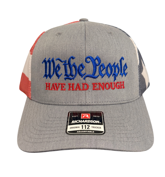 Dailey Woodworking Richardson 112 trucker hat in heather grey with patriotic stars and stripes mesh and embroidery.
