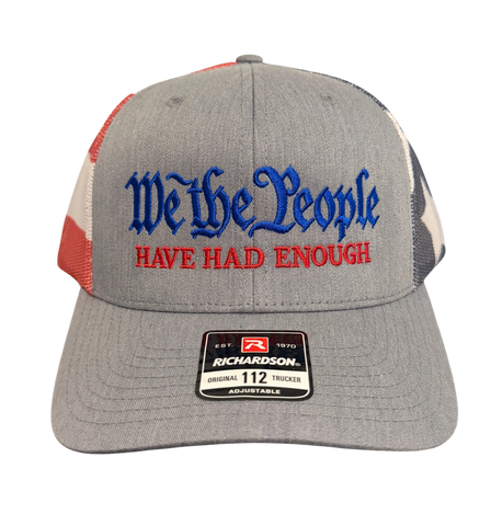 Dailey Woodworking Richardson 112 trucker hat in heather grey with patriotic stars and stripes mesh and embroidery.