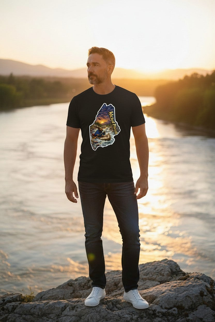 Dailey Woodworking black short sleeve t-shirt with a graphic of a moose in a canoe at sunset within the shape of Maine, text reads Wicked Pissah.