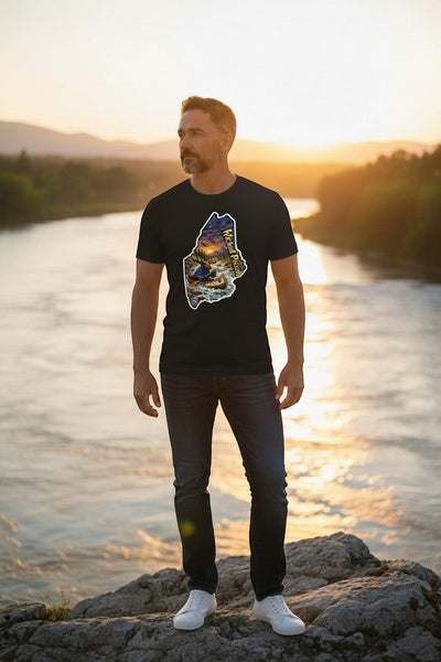 Dailey Woodworking black short sleeve t-shirt with a graphic of a moose in a canoe at sunset within the shape of Maine, text reads Wicked Pissah.