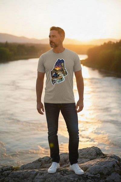 Dailey Woodworking men's short sleeve t-shirt in tan, featuring a graphic of a moose in a canoe with a sunset over mountains and the text "Wicked Pissah".
