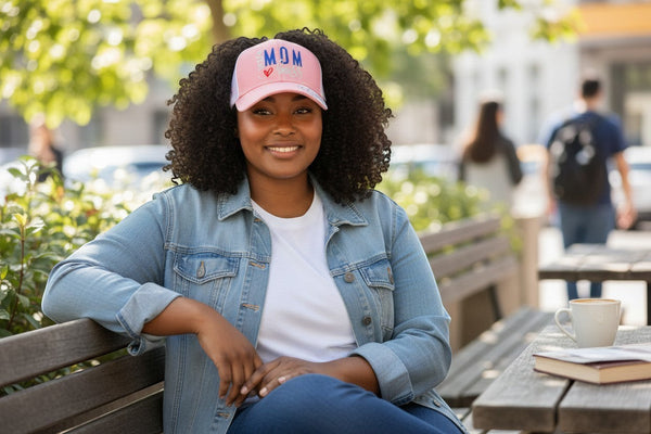 Dailey Woodworking pink trucker hat with white mesh back, embroidered with "Wife Mom Boss" and a red heart.