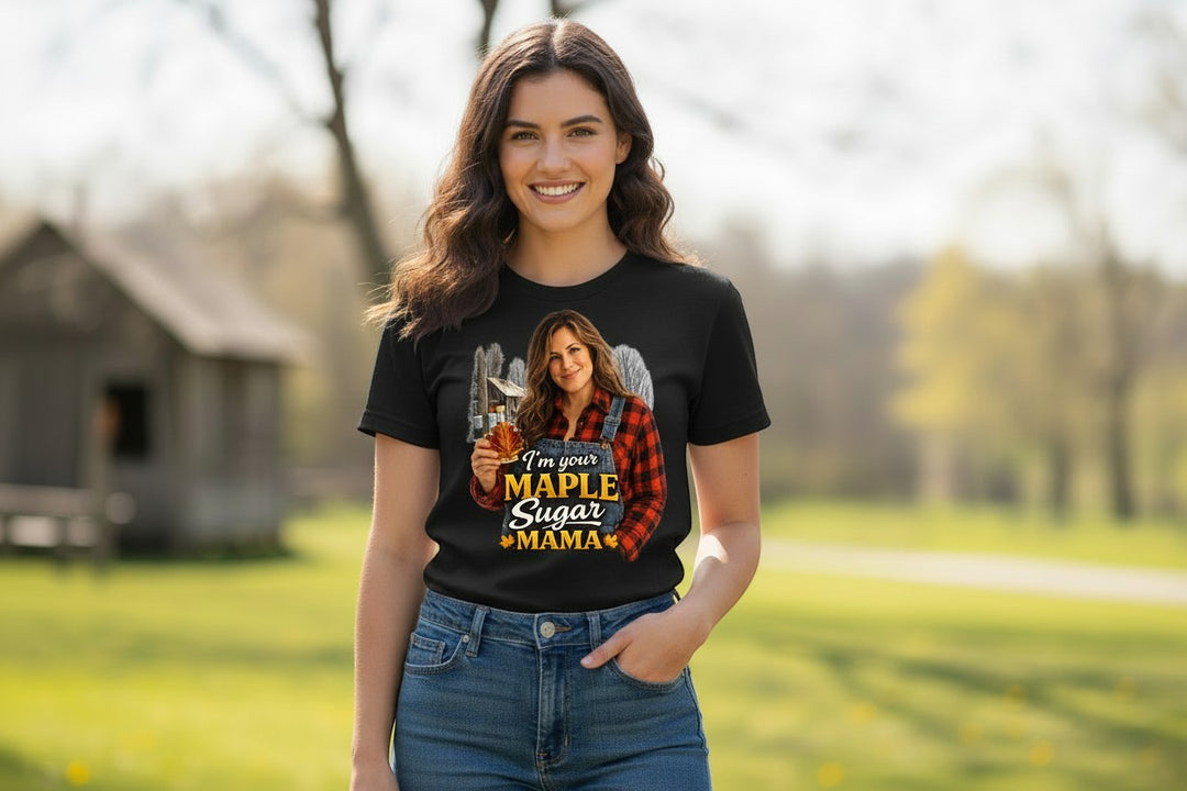 Black Gildan 8000 DryBlend t-shirt with a graphic of a woman in overalls holding maple syrup and a leaf, saying "I&