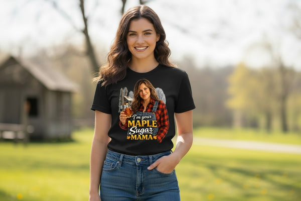 Black Gildan 8000 DryBlend t-shirt with a graphic of a woman in overalls holding maple syrup and a leaf, saying "I'm your Maple Sugar Mama".