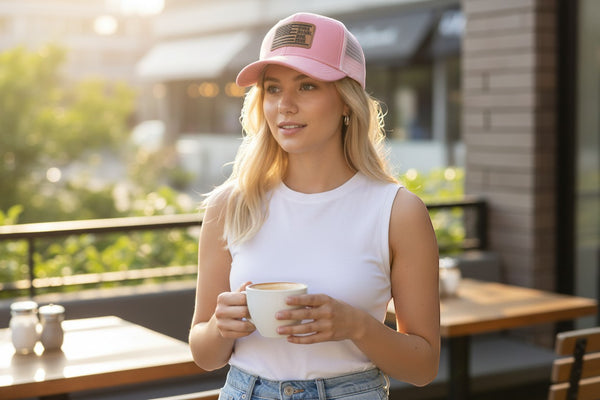 Dailey Woodworking pink trucker hat with distressed American flag patch and "Mama. Mommy. Mom. Bruh." lettering.