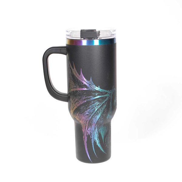 40 ounce Black tumbler with a dragon design engraved on a holographic background. Side 2