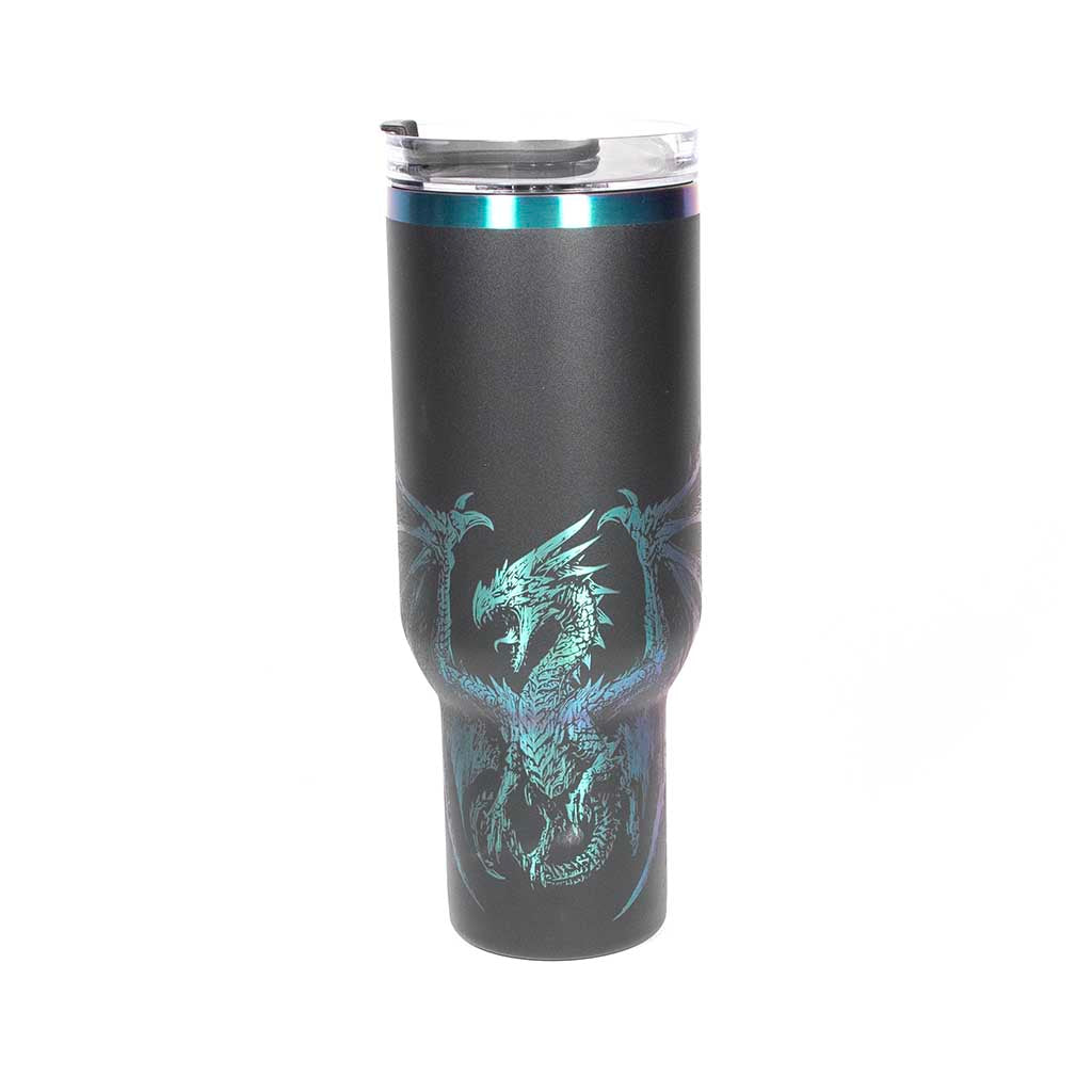 40 ounce Black tumbler with a dragon design engraved on a holographic background. Side 1