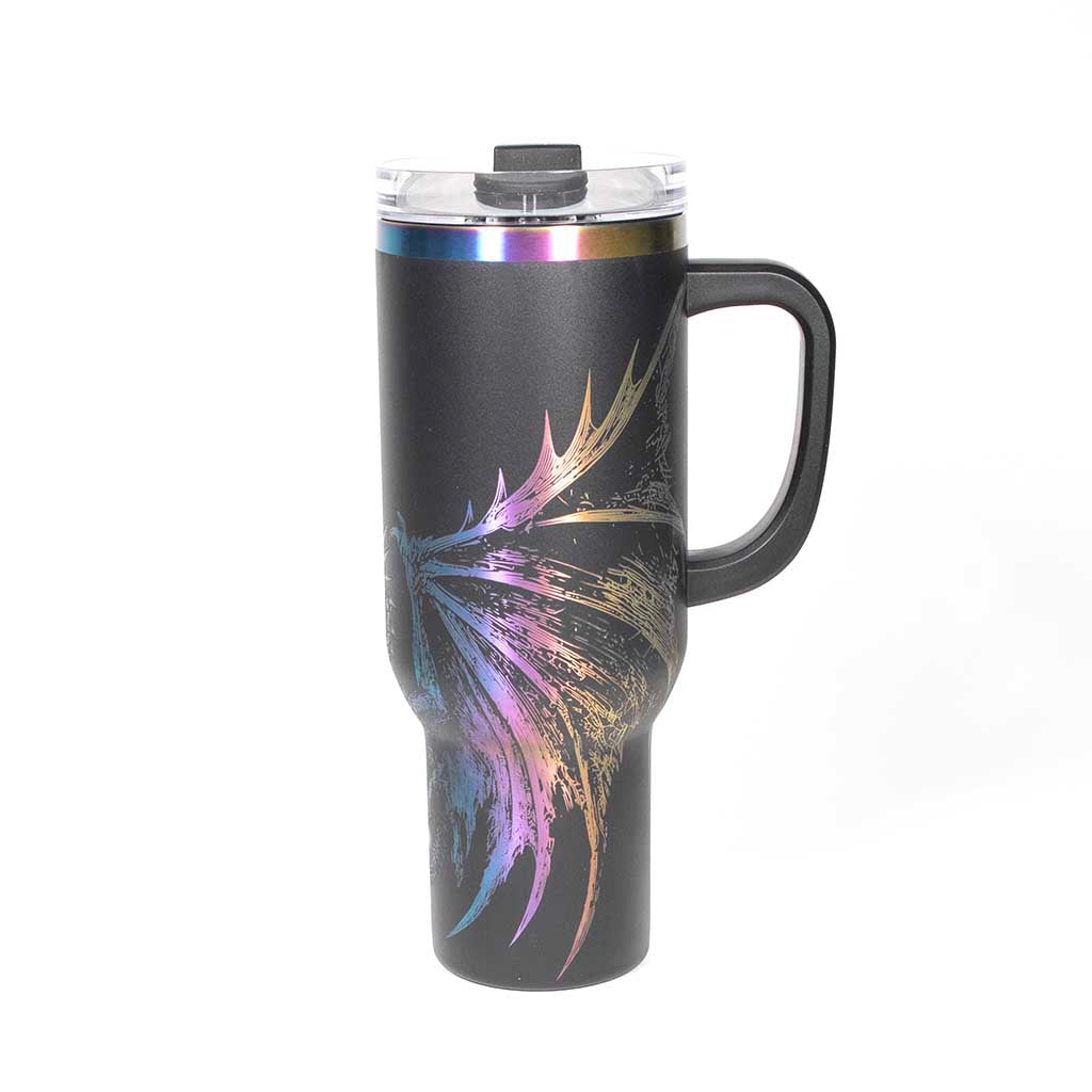 40 ounce Black tumbler with a dragon design engraved on a holographic background. Side 3