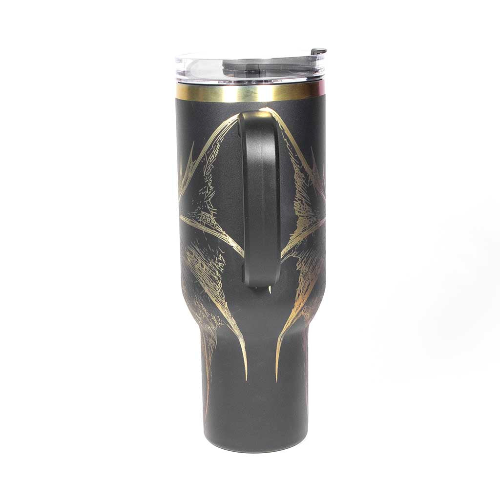 40 ounce Black tumbler with a dragon design engraved on a holographic background. Handle side