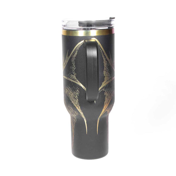 40 ounce Black tumbler with a dragon design engraved on a holographic background. Handle side