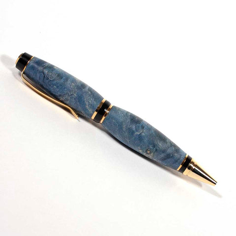 Gold Katahdin Ballpoint Pen made in dyed blue Box Elder Burl - Dailey Woodworking