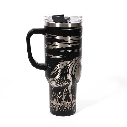 This is a black 40 ounce tumbler with a screw on lid with a drinking hole access and a straw. The laser engraving is of a majestic wild horse running through the night. 