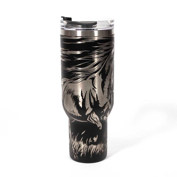 This is a black 40 ounce tumbler with a screw on lid with a drinking hole access and a straw. The laser engraving is of a majestic wild horse running through the night. 