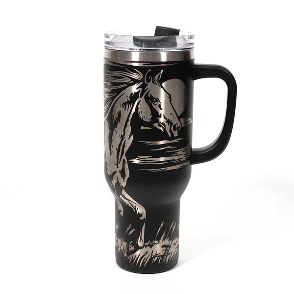 This is a black 40 ounce tumbler with a screw on lid with a drinking hole access and a straw. The laser engraving is of a majestic wild horse running through the night. Side 1