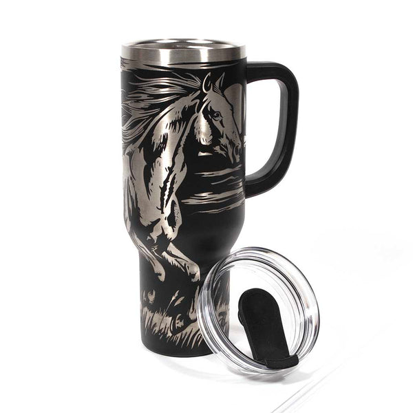 This is a black 40 ounce tumbler with a screw on lid with a drinking hole access and a straw. The laser engraving is of a majestic wild horse running through the night. Shown with lid off and the straw. 