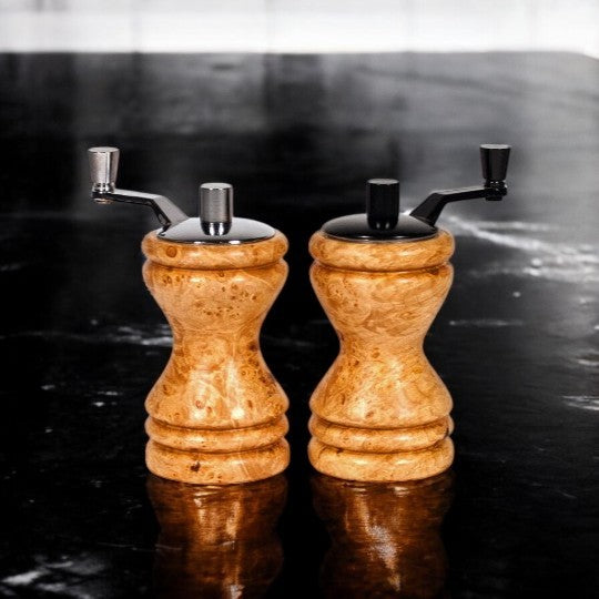 Set of Ferris mini-grinders made in Maple Burl sitting on a black marble countertop - Dailey Woodworking
