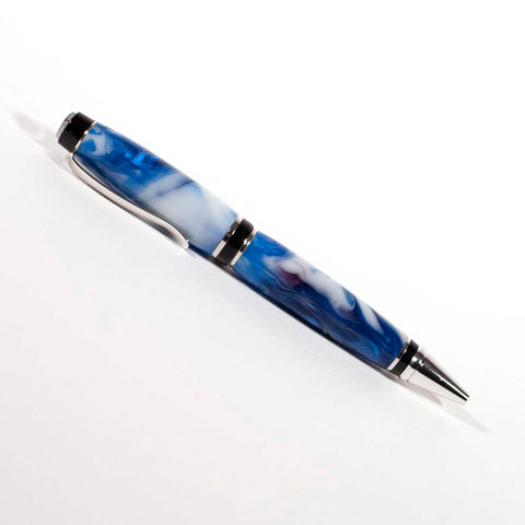 Platinum Katahdin ballpoint pen made in Blue and White Swirl Acrylic - Dailey Woodworking
