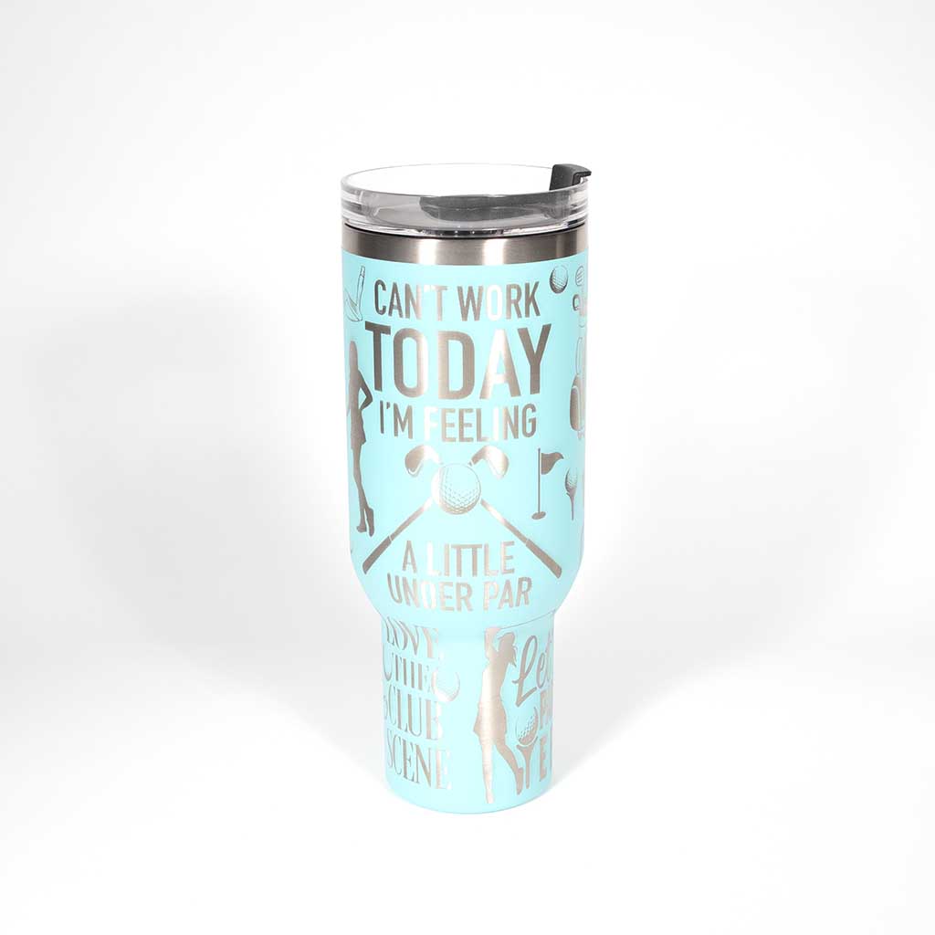 Seafoam 40 ounce travel mug with funny golf sayings and images of a female golfer. Side 2
