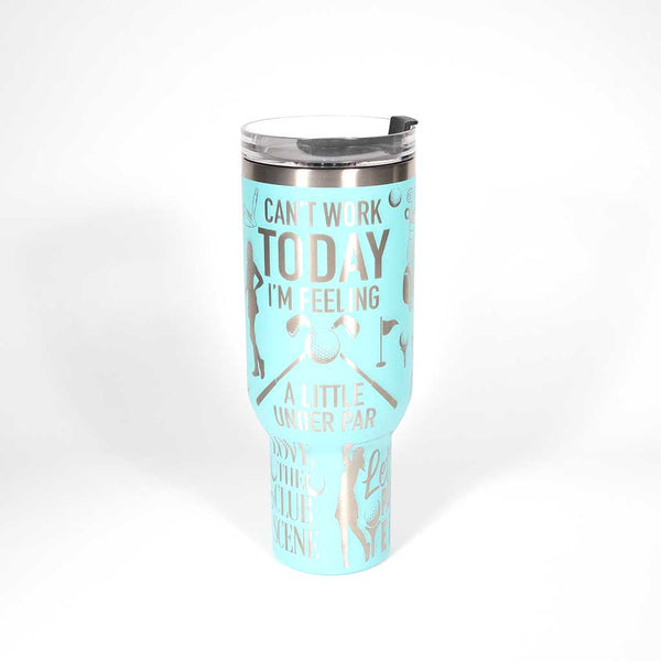 Seafoam 40 ounce travel mug with funny golf sayings and images of a female golfer. Side 2