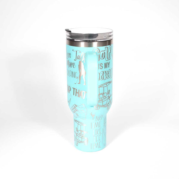 Seafoam 40 ounce travel mug with funny golf sayings and images of a female golfer. Side 4