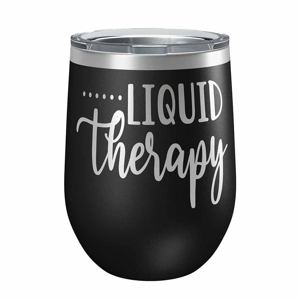 12 ounce black insulated stemless wine Tumbler with "Liquid Therapy" laser engraved onto it. - Dailey Woodworking