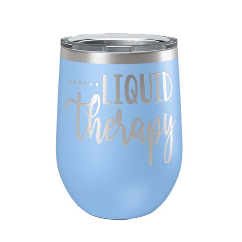 12 ounce light blue insulated stemless wine Tumbler with "Liquid Therapy" laser engraved onto it. - Dailey Woodworking