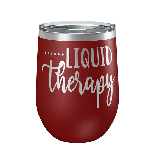 12 ounce maroon insulated stemless wine Tumbler with "Liquid Therapy" laser engraved onto it. - Dailey Woodworking