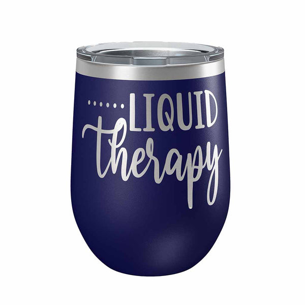 12 ounce navy blue insulated stemless wine Tumbler with "Liquid Therapy" laser engraved onto it. - Dailey Woodworking