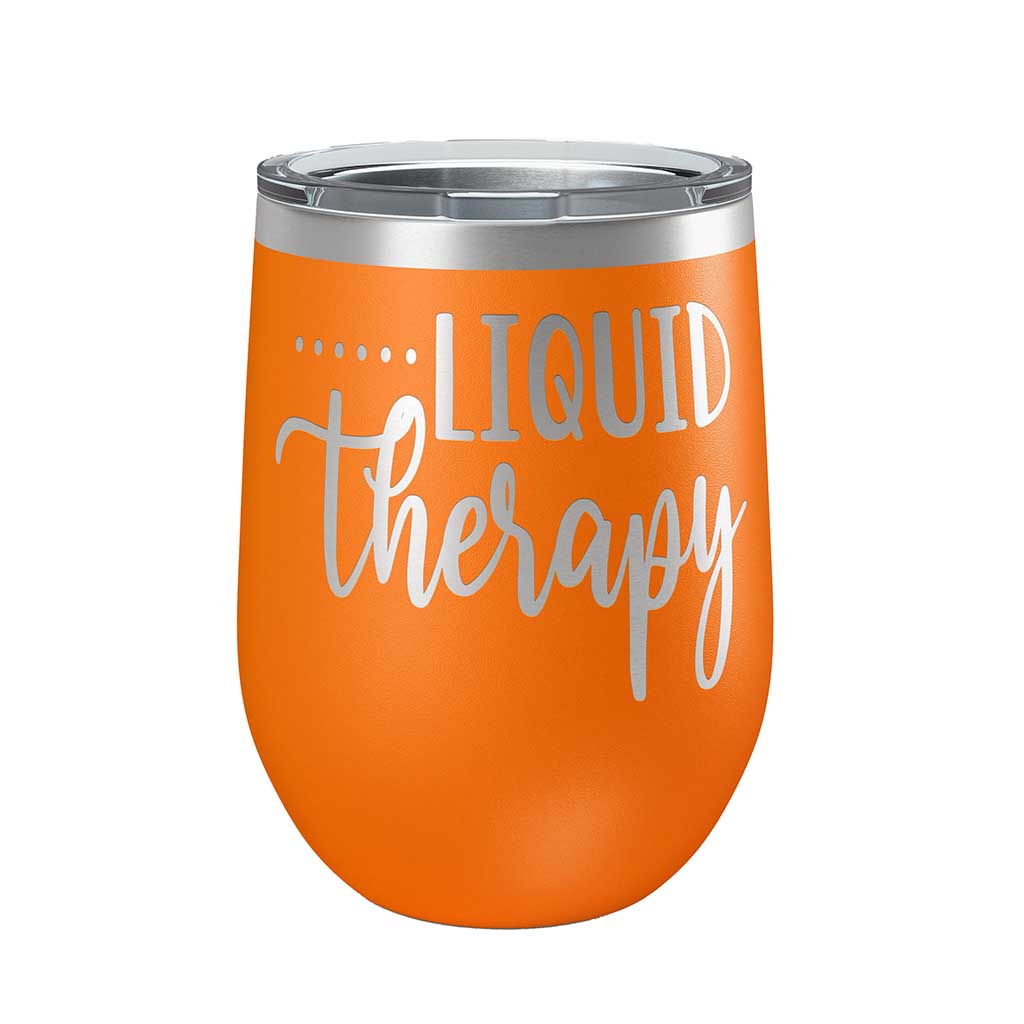 12 ounce orange insulated stemless wine Tumbler with "Liquid Therapy" laser engraved onto it. - Dailey Woodworking