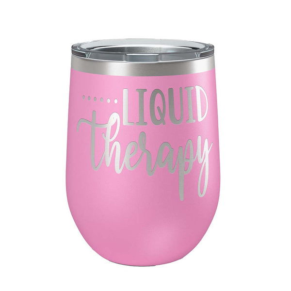 12 ounce pink insulated stemless wine Tumbler with "Liquid Therapy" laser engraved onto it. - Dailey Woodworking
