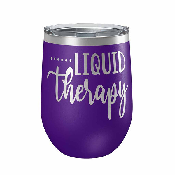 12 ounce purple insulated stemless wine Tumbler with "Liquid Therapy" laser engraved onto it. - Dailey Woodworking