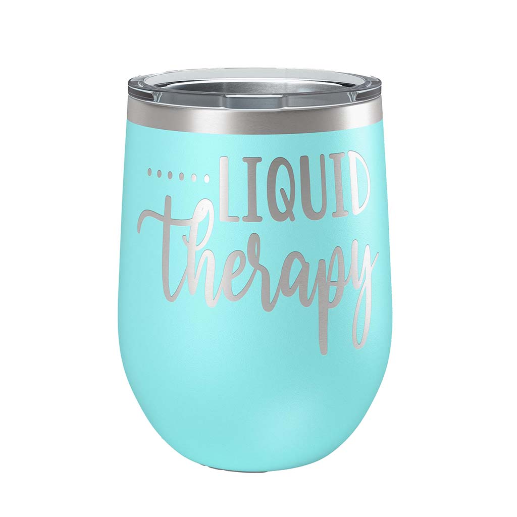 12 ounce seafoam insulated stemless wine Tumbler with "Liquid Therapy" laser engraved onto it. - Dailey Woodworking