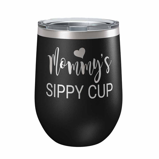 12 ounce black insulated stemless wine Tumbler with "Mommy&