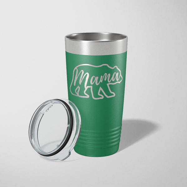 20 ounce green Tumbler with the outline of a bear with Mama laser engraved on it - Dailey Woodworking