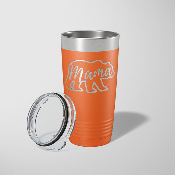 20 ounce orange tumbler with the outline of a bear with Mama laser engraved on it - Dailey Woodworking