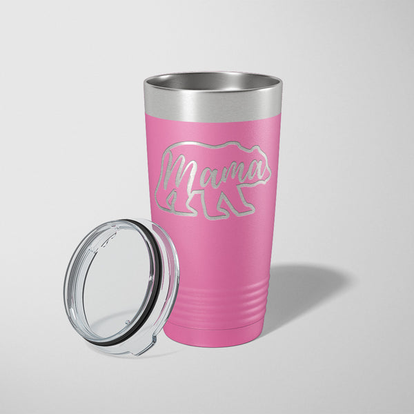 20 ounce pink tumbler with the outline of a bear with Mama laser engraved on it - Dailey Woodworking
