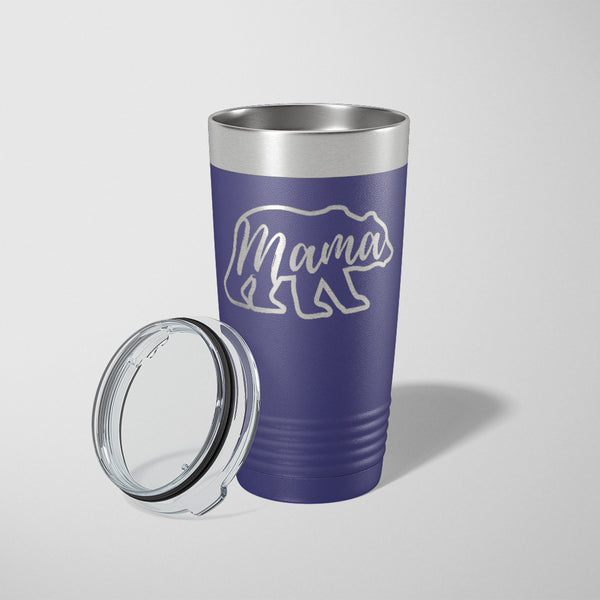 20 ounce dark purple tumbler with the outline of a bear with Mama laser engraved on it - Dailey Woodworking