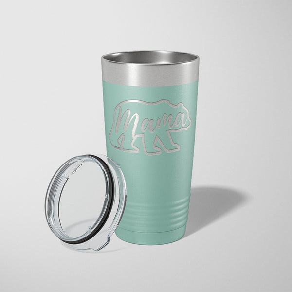 20 ounce Seafoam tumbler with the outline of a bear with Mama laser engraved on it - Dailey Woodworking