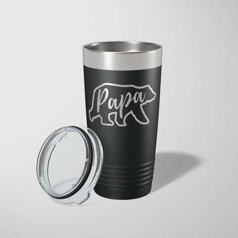 20 ounce black tumbler with the outline of a bear with Papa laser engraved on it - Dailey Woodworking