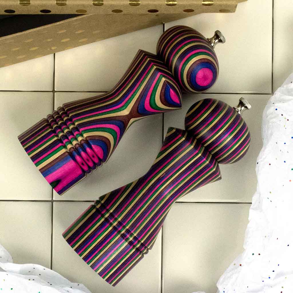 8 Inch Five Color Set of Morrison Salt and Pepper Mills on tile background - Dailey Woodworking