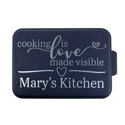 9x13 inch aluminum baking pan with engraved blue lid "Cooking is love made visible Mary's Kitchen" - Dailey Woodworking