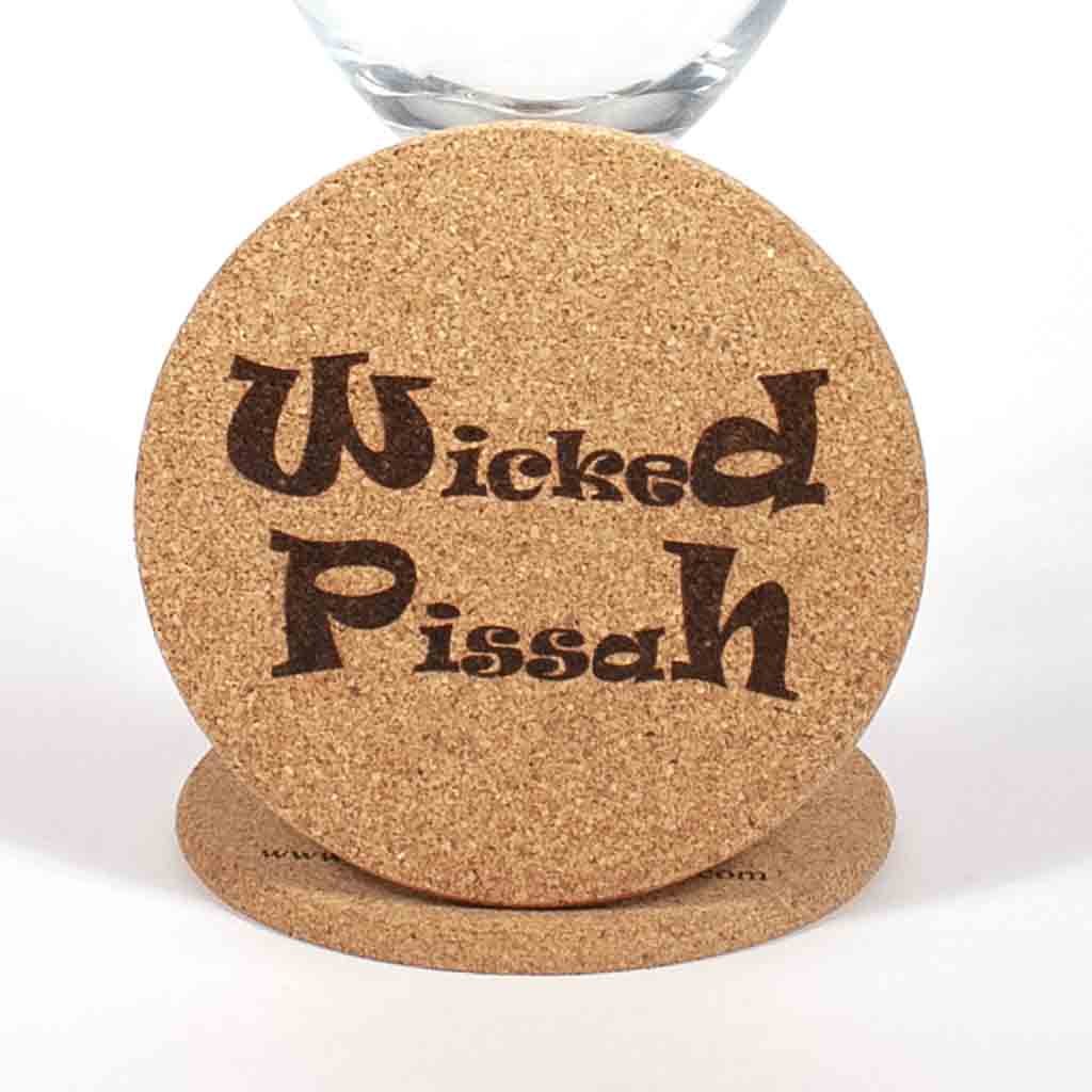 4 inch diameter cork coaster engraved with Wicked Pissah - Dailey Woodworking